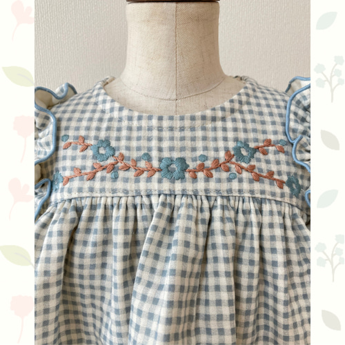 ギンガムチェックふんわりロンパース 水色 70サイズ ベビー服 