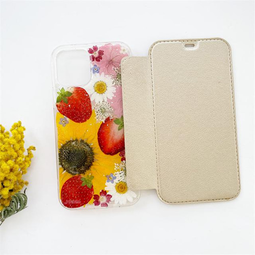 夏咲きひまわりといちご【手帳型スマホケース】 押し花ケース