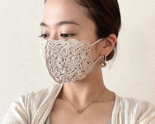 確認用 49 マスクカバー ラメ糸 レース 不織布 ハンドメイド 手編み フラワーモチーフ レース編み マスクカバー 編みマスク マスク