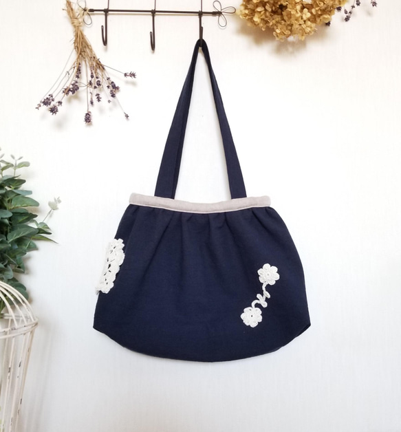大人可愛いグラニーバッグ *** ネイビーブルー色トートバッグ
