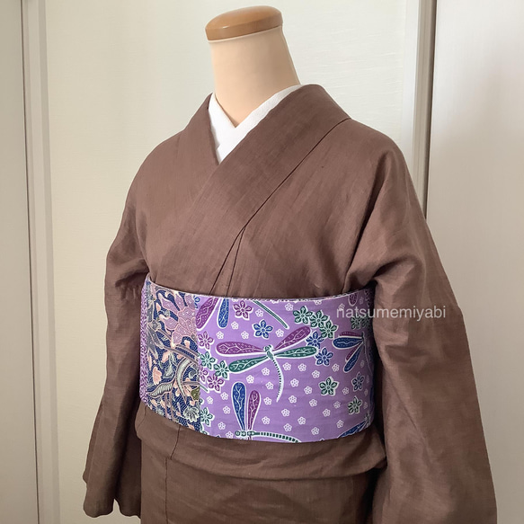 ◆バティック半幅帯パッチワーク116 lavender dragonfly ／kimono ethnic／ナツメミヤビ 4枚目の画像