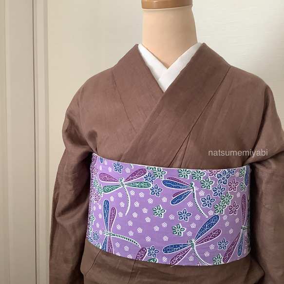 ◆バティック半幅帯パッチワーク116 lavender dragonfly ／kimono ethnic／ナツメミヤビ 8枚目の画像