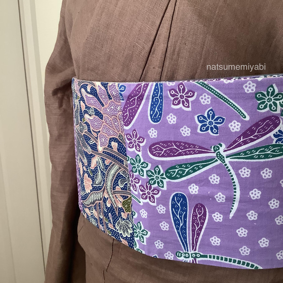 ◆バティック半幅帯パッチワーク116 lavender dragonfly ／kimono ethnic／ナツメミヤビ 5枚目の画像