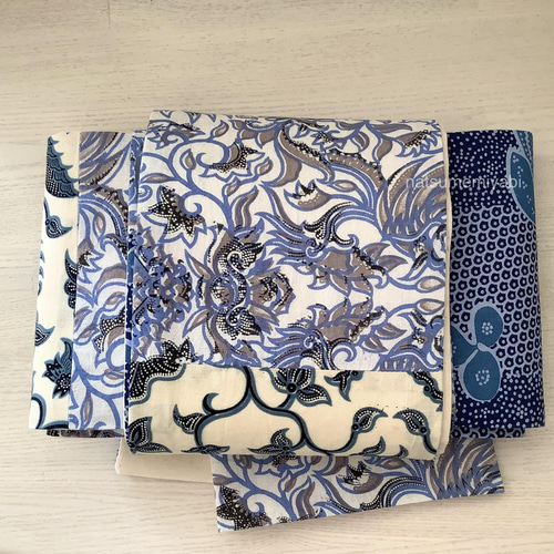 ◇バティック半幅帯パッチワーク117 light blue flower ／kimono