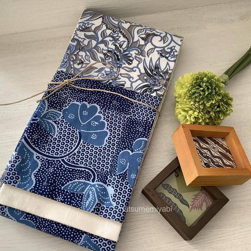 ◇バティック半幅帯パッチワーク117 light blue flower ／kimono