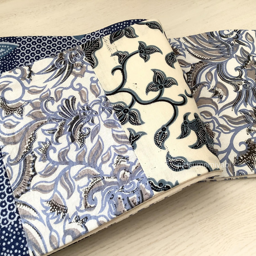 ◇バティック半幅帯パッチワーク117 light blue flower ／kimono