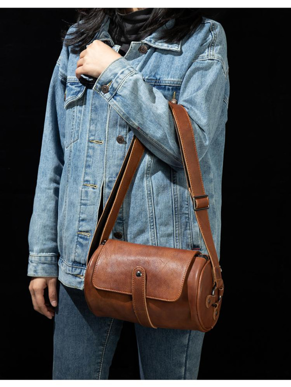 本革製ショルダーバッグ 植物タンニン鞣しメッセンジャーバッグ ヴィンテージシリンダーサッチェル ユニセックス 16枚目の画像