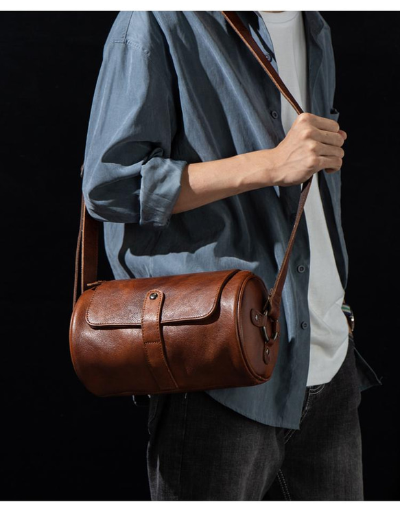 本革製ショルダーバッグ 植物タンニン鞣しメッセンジャーバッグ ヴィンテージシリンダーサッチェル ユニセックス 18枚目の画像