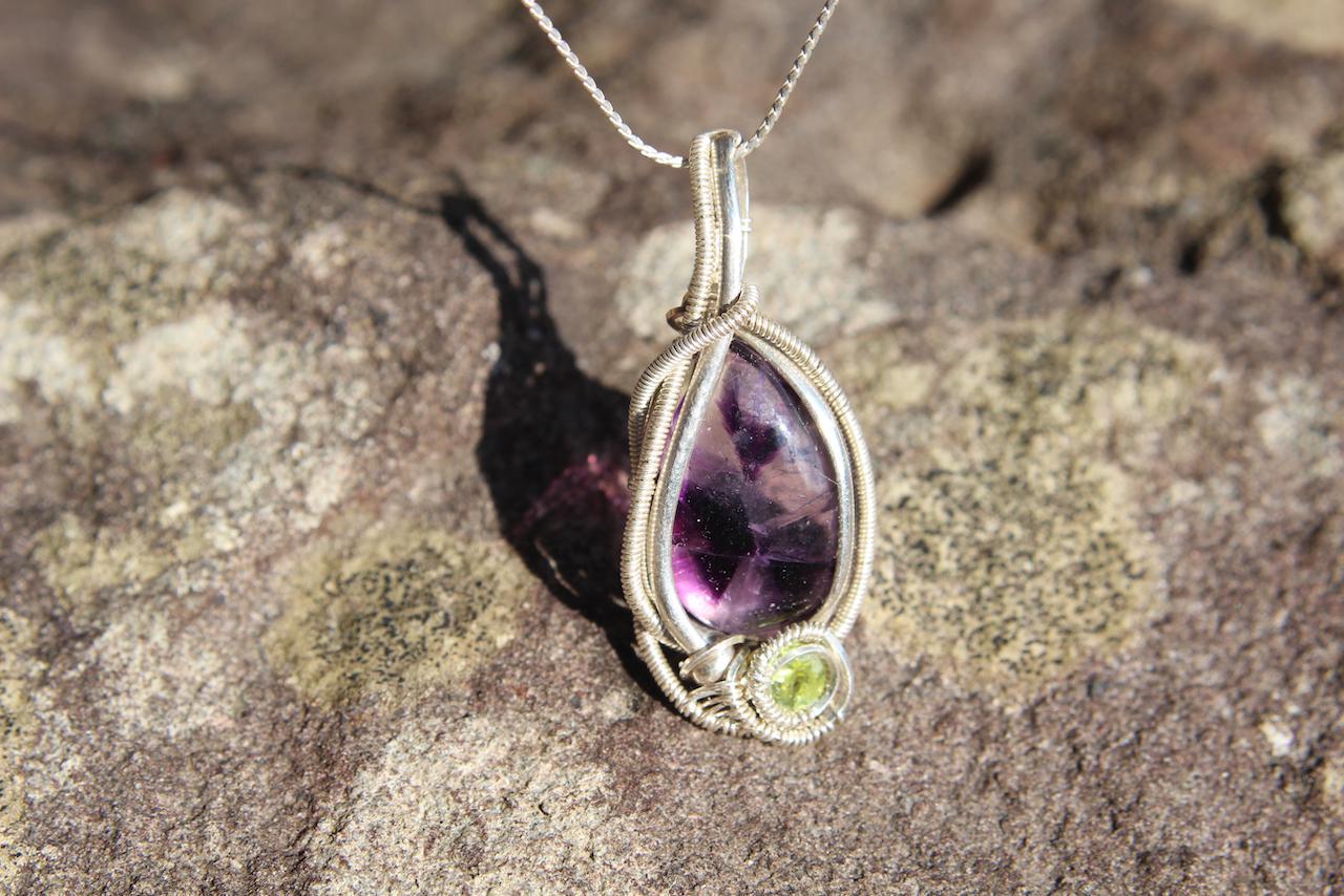 トラピッチェアメジスト　ファセットカット　ペリドット　シルバー925 ワイヤーラッピング　ペンダント