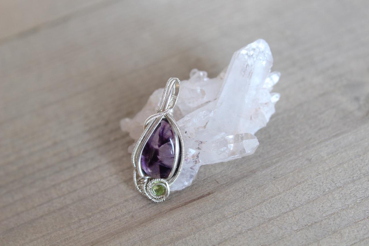 トラピッチェアメジスト　ファセットカット　ペリドット　シルバー925 ワイヤーラッピング　ペンダント