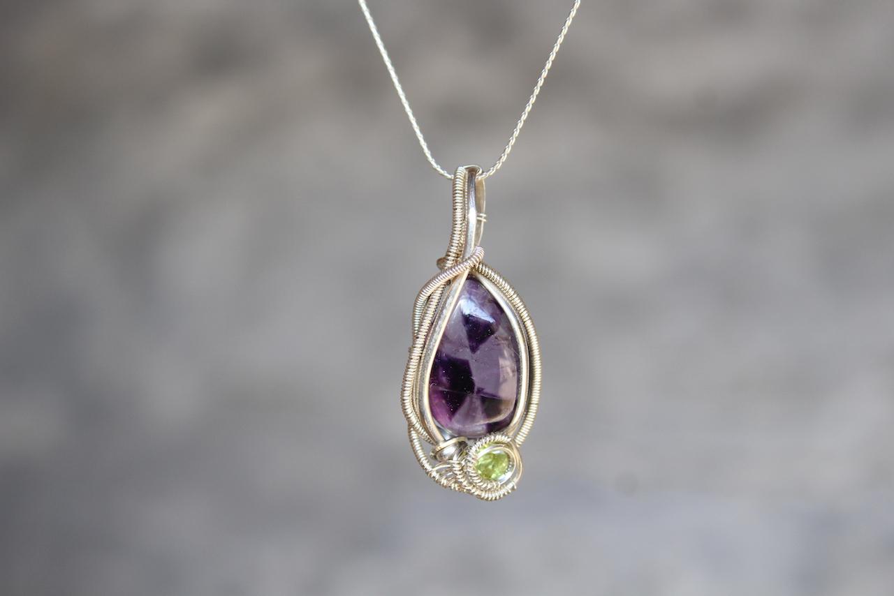 トラピッチェアメジスト　ファセットカット　ペリドット　シルバー925 ワイヤーラッピング　ペンダント