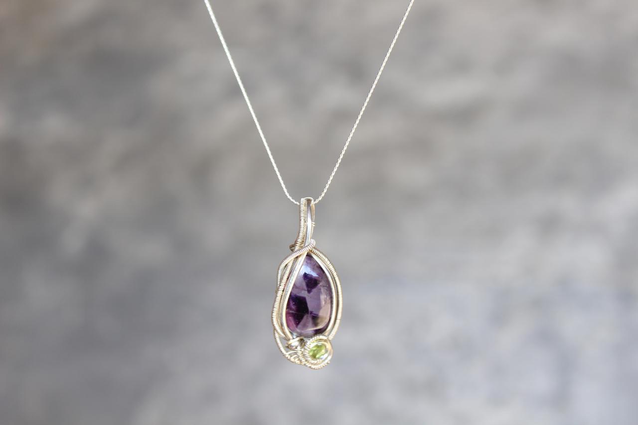 トラピッチェアメジスト　ファセットカット　ペリドット　シルバー925 ワイヤーラッピング　ペンダント