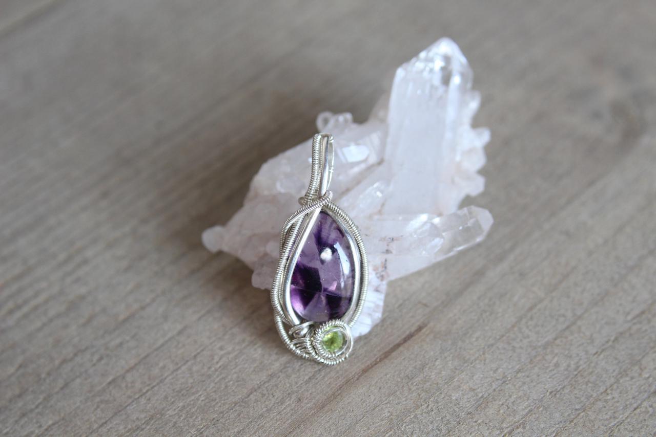 トラピッチェアメジスト　ファセットカット　ペリドット　シルバー925 ワイヤーラッピング　ペンダント