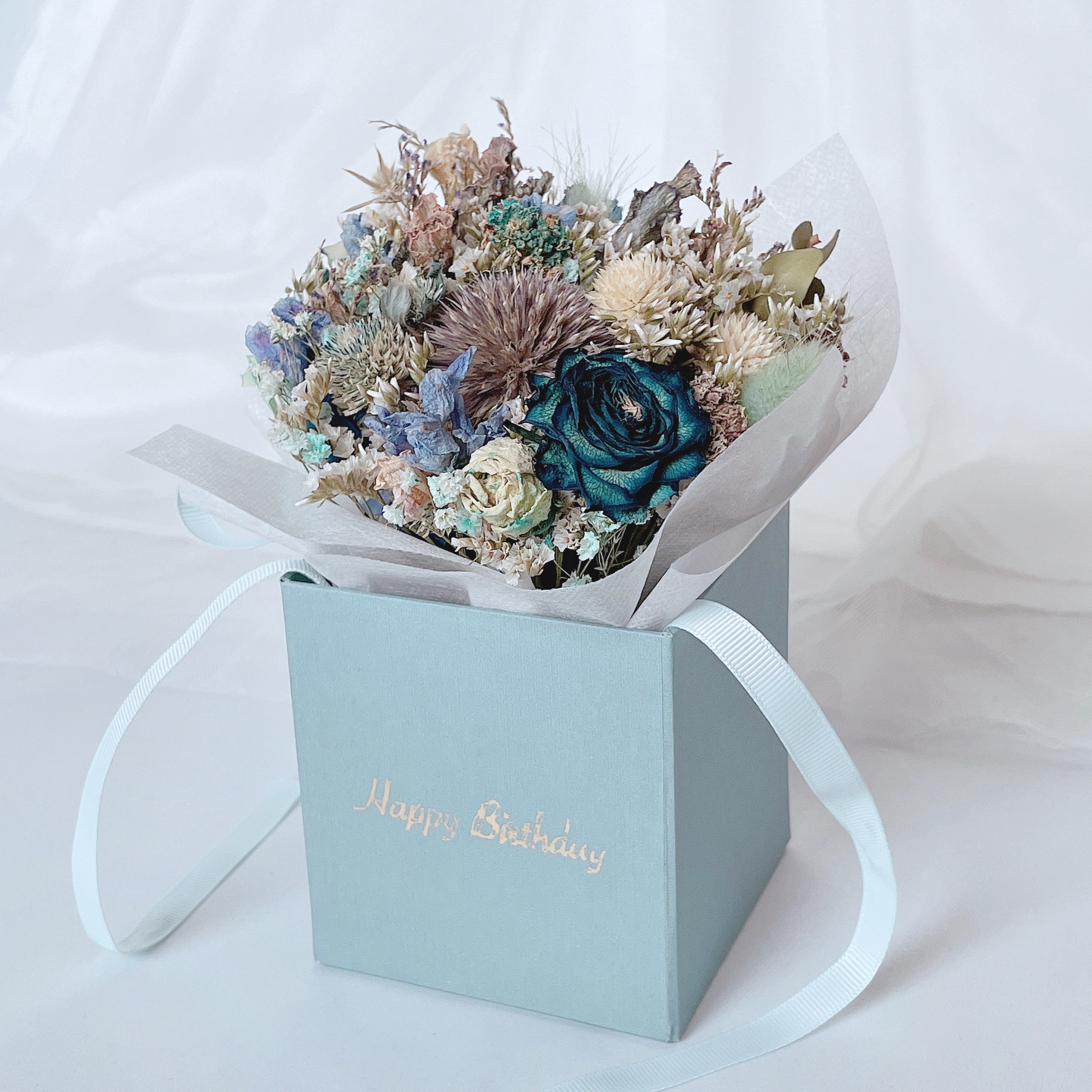 【誕生日】ドライフラワー　ボックスフラワー【選べる花色】Happy Birthdayメッセージ入りBOX