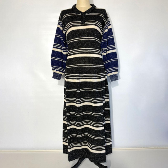 春ニット✿ニット ストライプ グリッター ポロワンピース　296 BLACK NAVY STRIPE OP 2枚目の画像