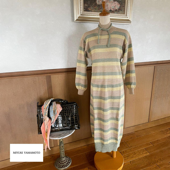 春ニット✿ストライプ グリッター ニットワンピース　297 BEIGE YELLOW GREEN STRIPE OP 1枚目の画像