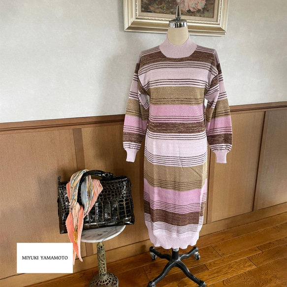 春ニット✿ピンク×ベージュ ストライプ グリッター ニットワンピース　299 PINK BEIGE STRIPE OP　 1枚目の画像