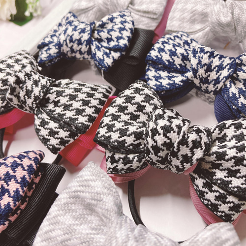 2個セット ハンドメイド 千鳥格子 リボン バレッタ やっとこピンに変更