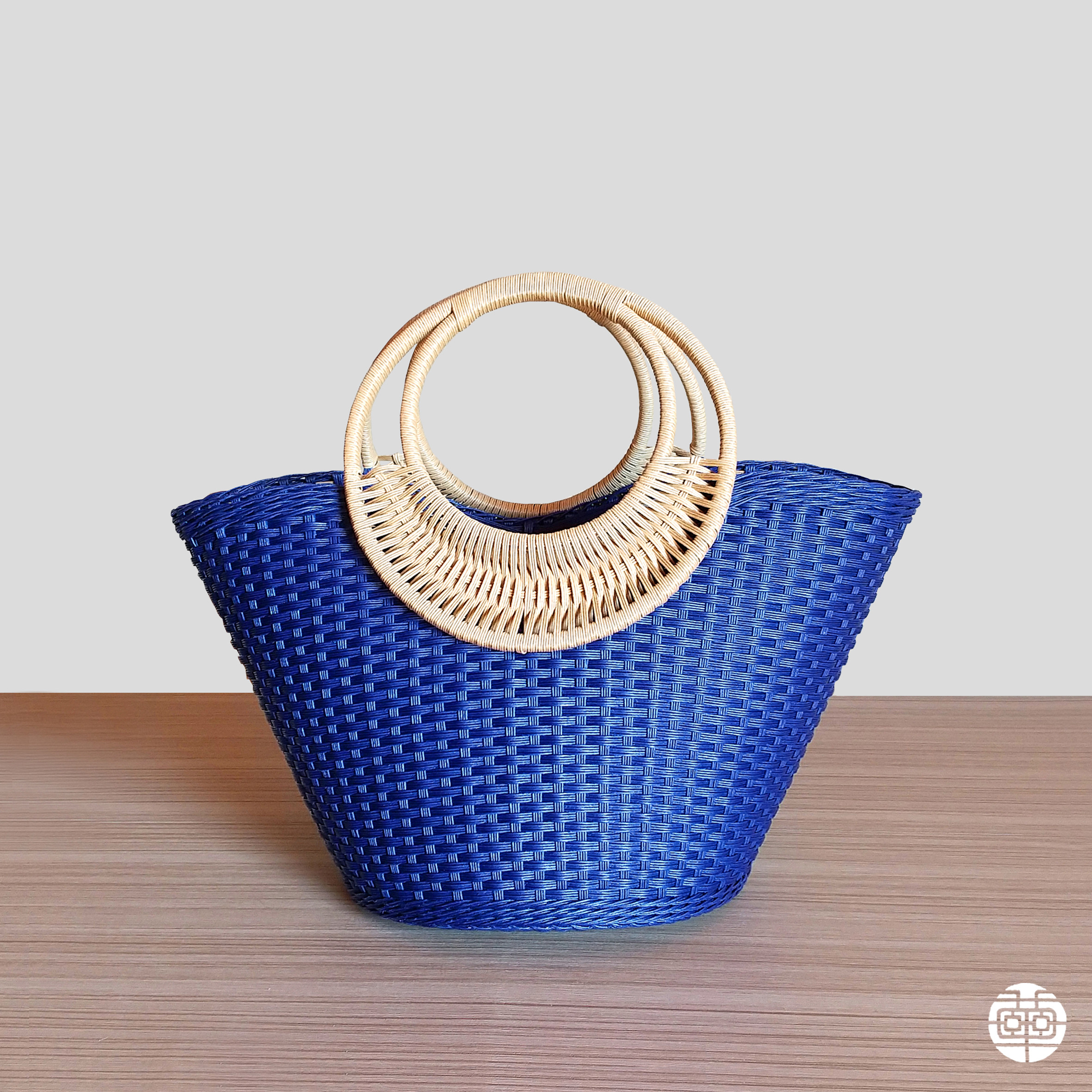 ラタン風ハンドルが主役！の丸底かごバッグLサイズ（ブルー×クラフト）【受注制作】