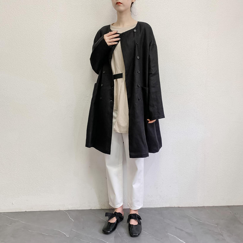 新品横振り刺繍ビッグ襟スタンドカラーウールコートジャケットブラック