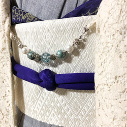 帯締め　丸ぐけ　青紫　帯留め　シルバー系グラデーション　ビーズ編みリング 7枚目の画像