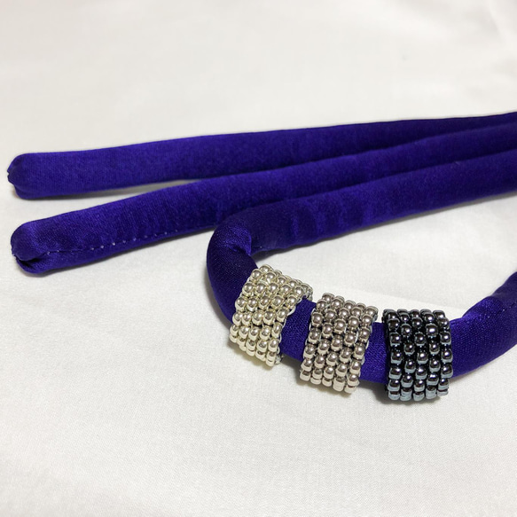 帯締め　丸ぐけ　青紫　帯留め　シルバー系グラデーション　ビーズ編みリング 2枚目の画像