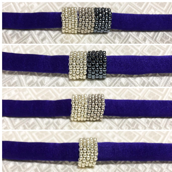 帯締め　丸ぐけ　青紫　帯留め　シルバー系グラデーション　ビーズ編みリング 3枚目の画像