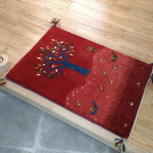 ペルシャ　ギャッベ 玄関　90×62 茜色　生命の木　葉 ペルシャ ギャッベ 玄関 90×62 小判型 茜色 生命の木 花