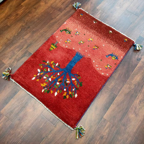 ペルシャ ギャッベ 玄関マット 90x62 茜色の夕焼け 桃色の大地 生命の