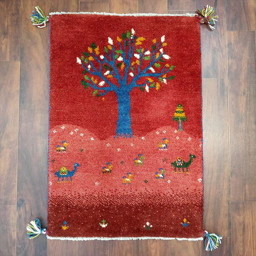 ペルシャ　ギャッベ 玄関　90×62 茜色　生命の木　葉 ペルシャ ギャッベ 玄関 90×62 小判型 茜色 生命の木 花