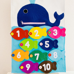 知育玩具　ファスナークジラと10匹魚のボタン練習 1枚目の画像