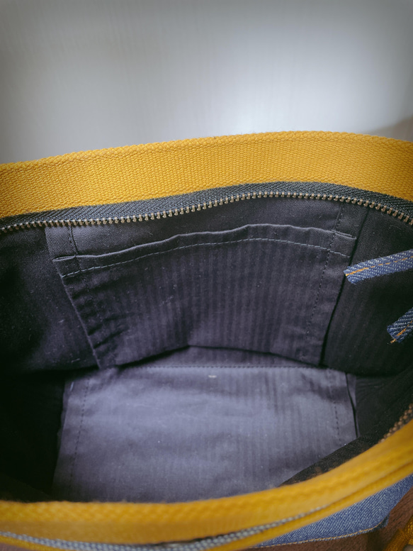 岡山デニム　ミニ　ショルダーバッグ　マチ広　自立　『色落ちしないデニム』（インディゴ×イエロー） 6枚目の画像