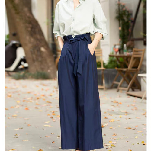 艶やかコットン】ハイウエストワイドパンツ ウエストリボン