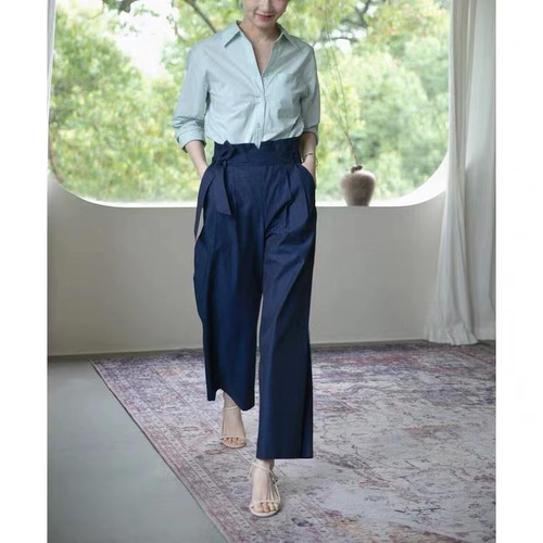 艶やかコットン】ハイウエストワイドパンツ ウエストリボン ポケット