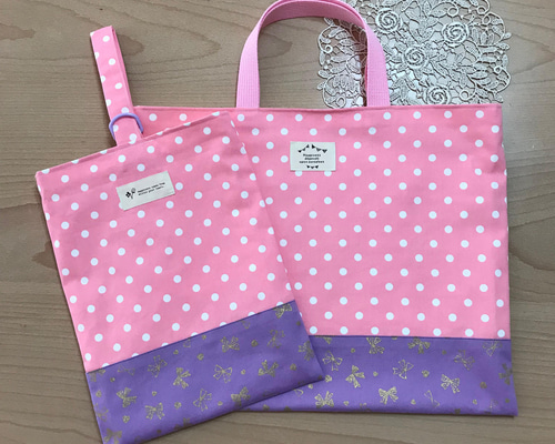 ドット柄のレッスンバッグ&上履き入れ リボン柄 入園入学 新学期