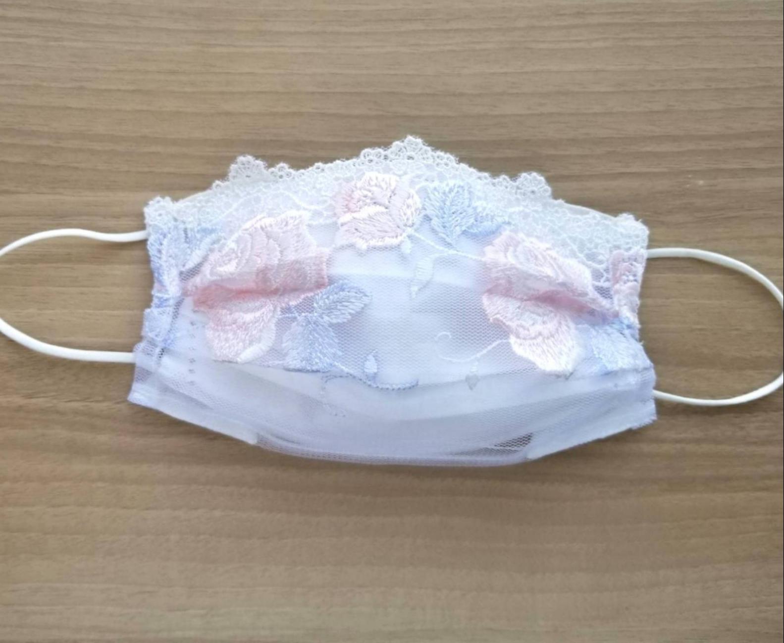 大人用インナーマスク♡白レース水色ピンク花刺繍/ピンク薔薇 厚かっ 