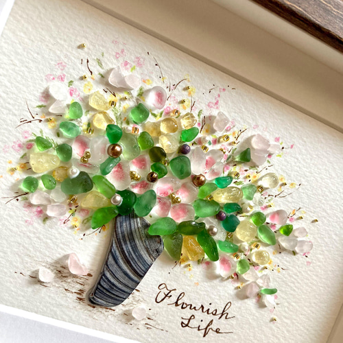 ミモザと蝶 シーグラス／天然石／フレームアート／壁掛け／花／春