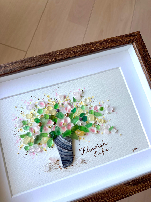 ミモザと蝶シーグラス／天然石／フレームアート／壁掛け／花／春／手描き