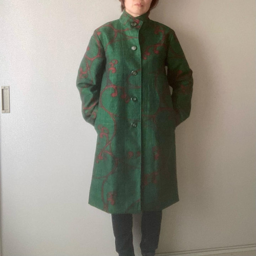着物リメイクコート グリーンのつむぎ スプリングコート アトリエ