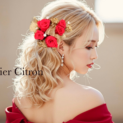 ヘッドドレス 髪飾り ウェディング 赤薔薇 リボン かすみ草 金 ダイヤ