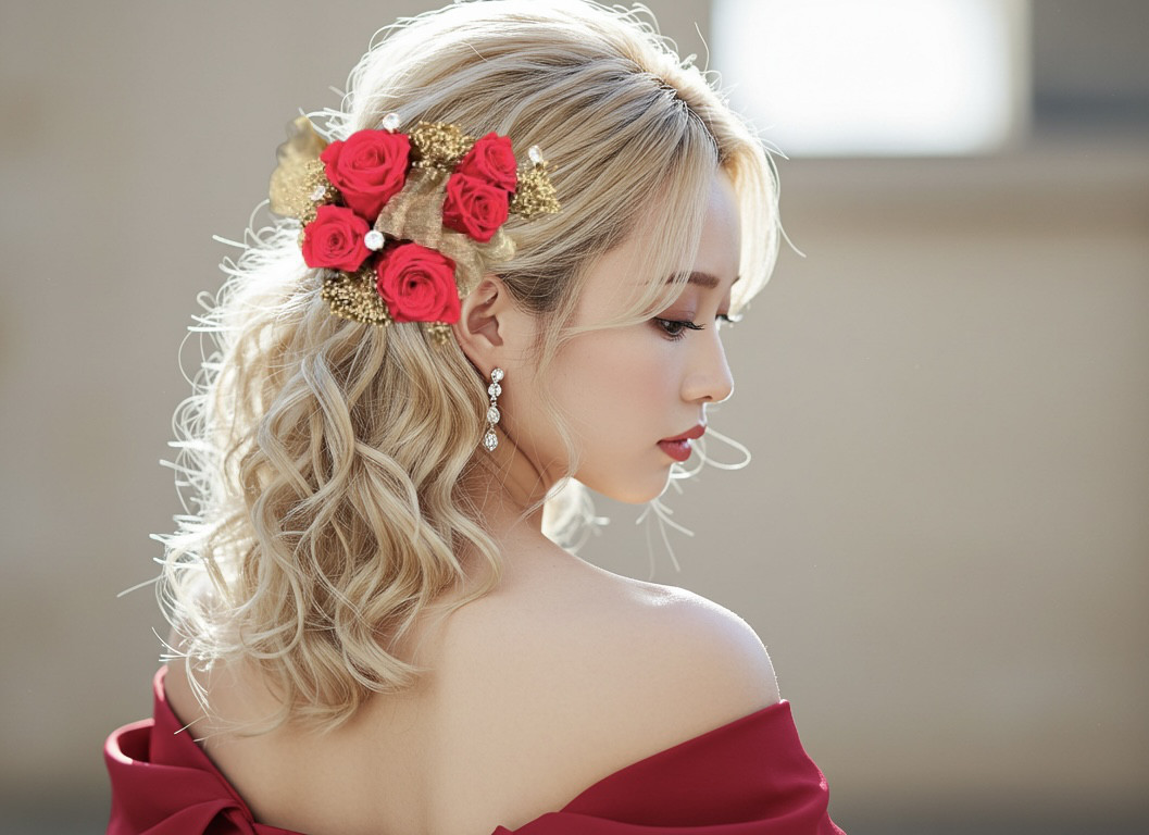 ヘッドドレス 髪飾り ウェディング 赤薔薇 リボン かすみ草 金 ダイヤ 宝石 ヘアアクセサリー