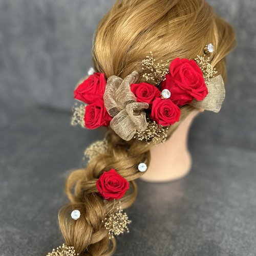 ヘッドドレス 髪飾り ウェディング 赤薔薇 リボン かすみ草 金 ダイヤ