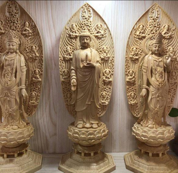 極上品 薬師三尊 薬師如来 日·月観音菩薩 木彫仏像 仏教美術 置物 細工 