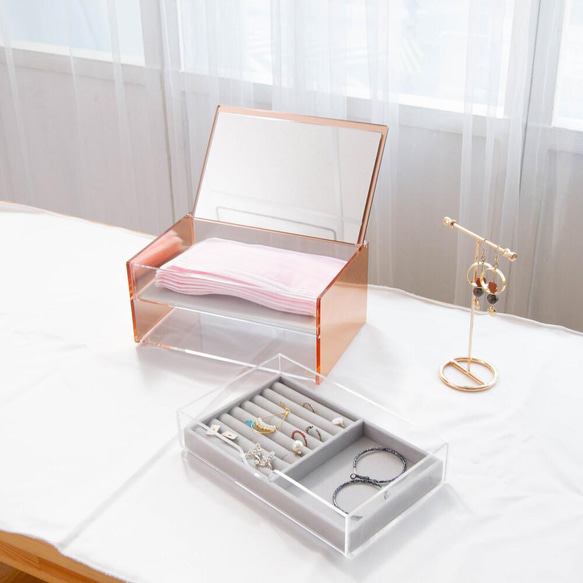 Moosy Life｜玫瑰金 雙層鏡面珠寶盒 桌上飾品收納盒 (ML35C5A1-12M-TW) 第3張的照片