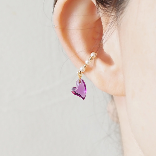 クリスタルパールとクリアパープル♡jewelハートのイヤーカフ（片耳用 