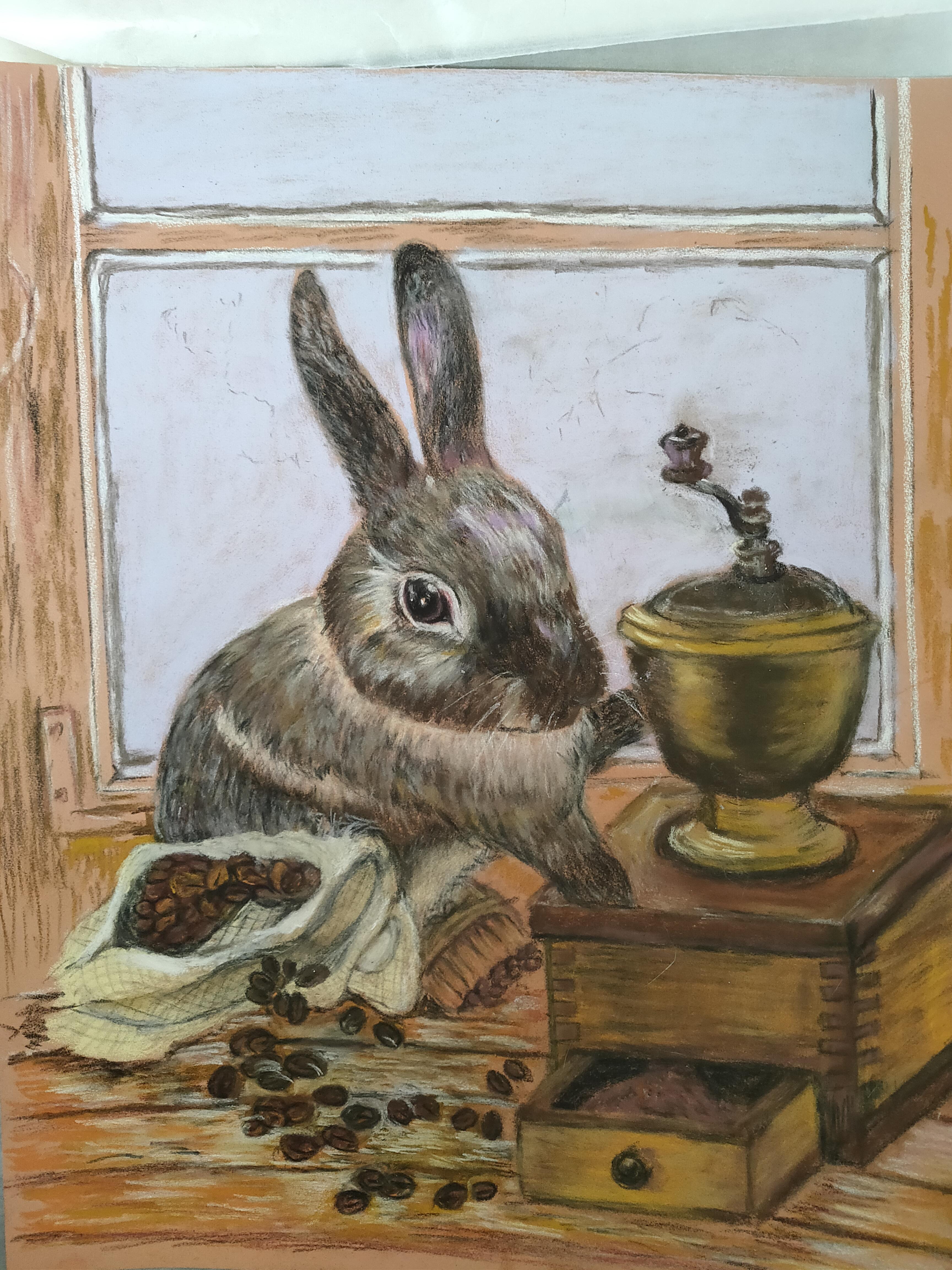 珈琲はいかが？〜うさぎ〜【額装絵画 パステル画 絵画 原画