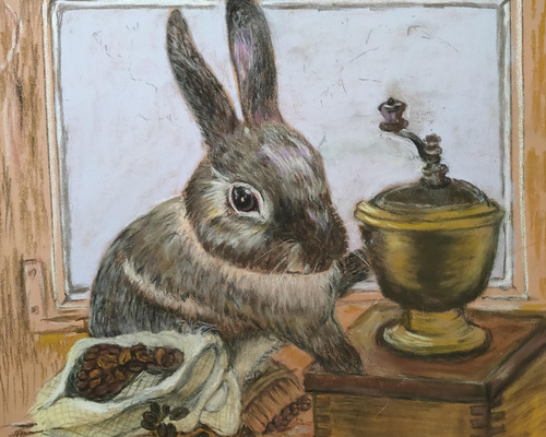 珈琲はいかが？〜うさぎ〜【額装絵画 パステル画 絵画 原画