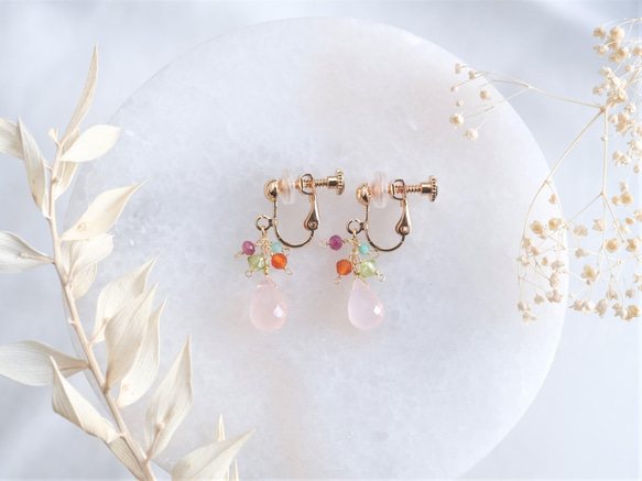 pink chalcedony earring：ピンクカルセドニー×ルビー×カーネリアン　天然石 5枚目の画像