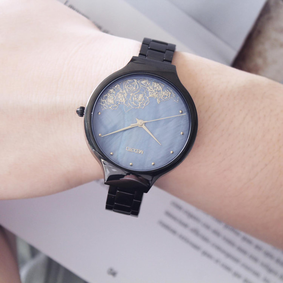 Elegant Glitter 玫瑰花貝殼面優雅女錶手錶 EG-11403 黑色 第8張的照片