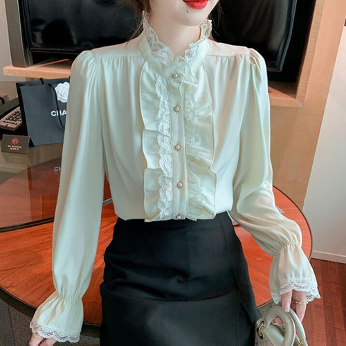 春新品 レディースきれいめ 可愛い フリル 立ち襟 レース 長袖ブラウス 